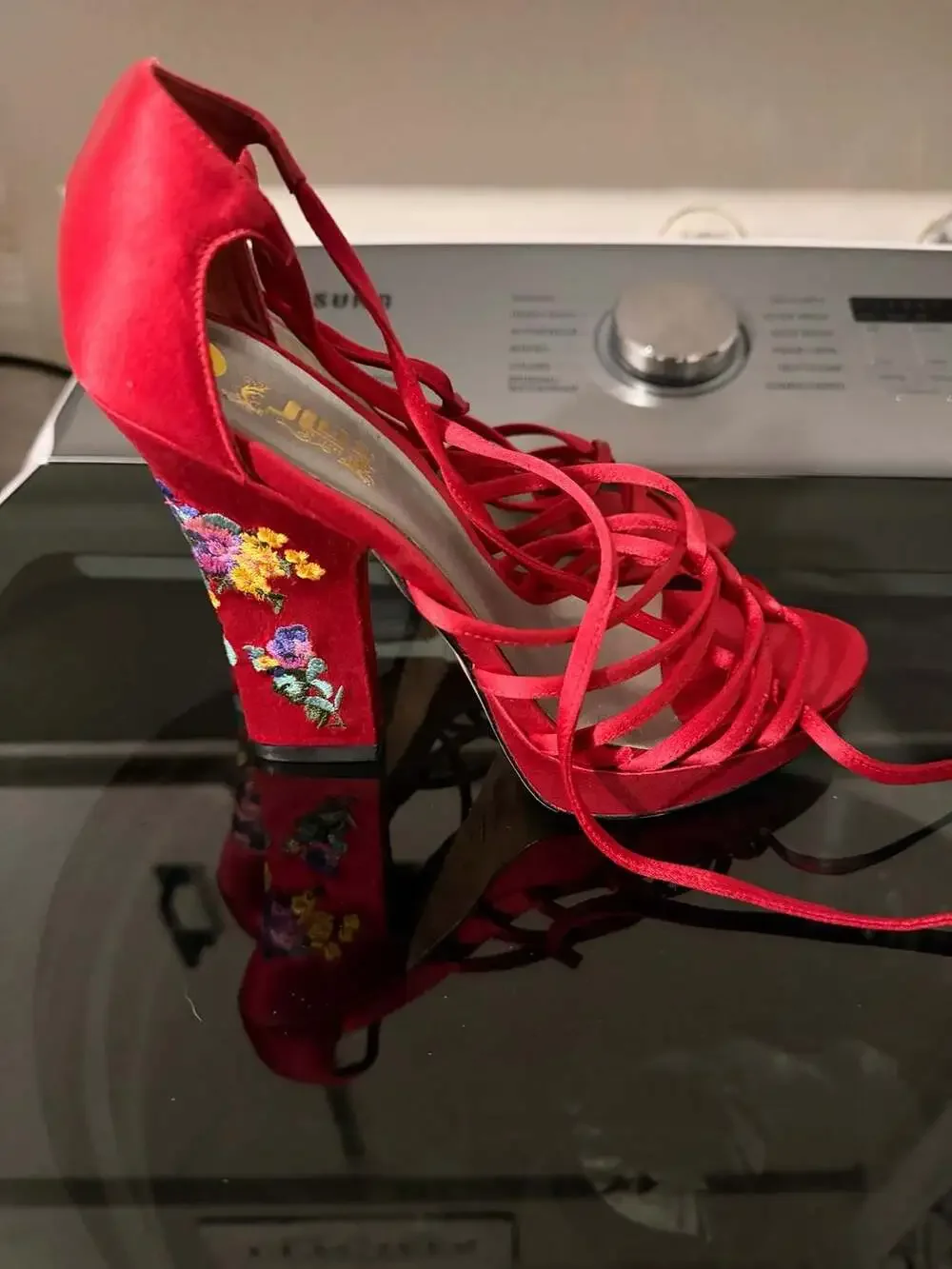 JL by Jennifer Lopez Red Satin Strappy Floral Embroidered Platform Heels